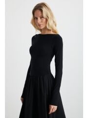 Kadın Maxi Boy Etek Kısmı Dokuma Poplin Kloş Etek Üst Kısmı Esnek Şık Siyah Elbise