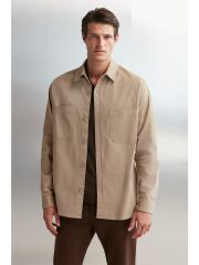 utside Erkek Dokuma Kalın Dokulu Yıkamalı Cepli Bej Gömlek