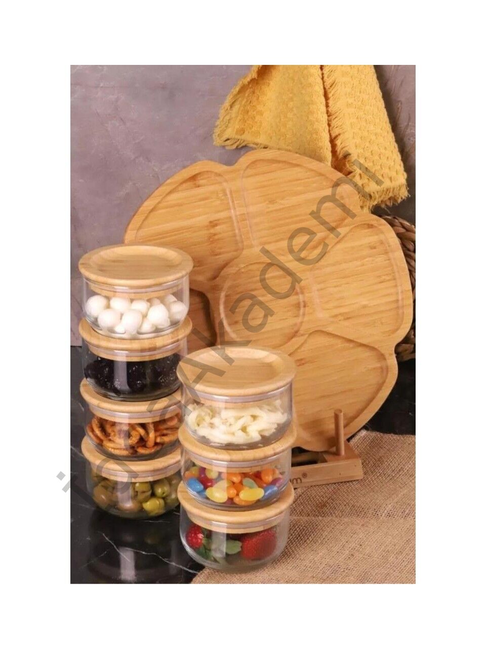 Bambum Duo - 7'li Dönen Tepsili Bambu Silikonlu Kapaklı Hava Aldırmaz Cam Kahvaltılık 300 ml