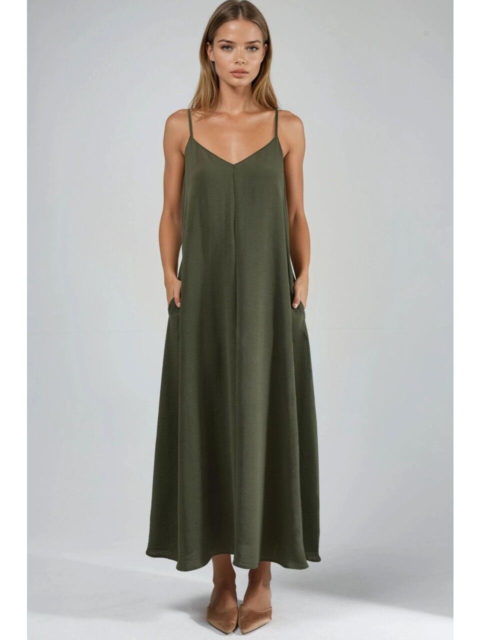 V -Yaka A-Form Maxi Elbise Yeşil - Medium