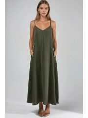 V -Yaka A-Form Maxi Elbise Yeşil - Medium